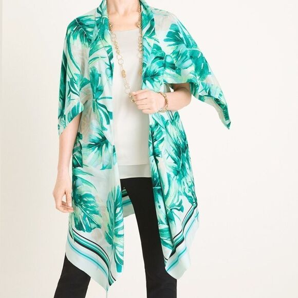 Chicos black label green white palm print open front kimono top coverup M/L - Picture 1 of 8